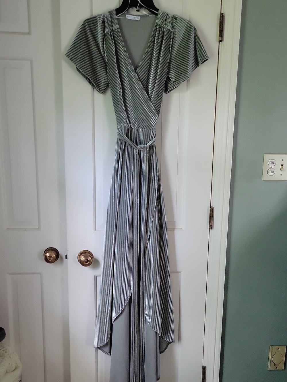 Baltic Born Sage Green Striped Wrap High-Low Maxi Dress Sz S Occassion Party
